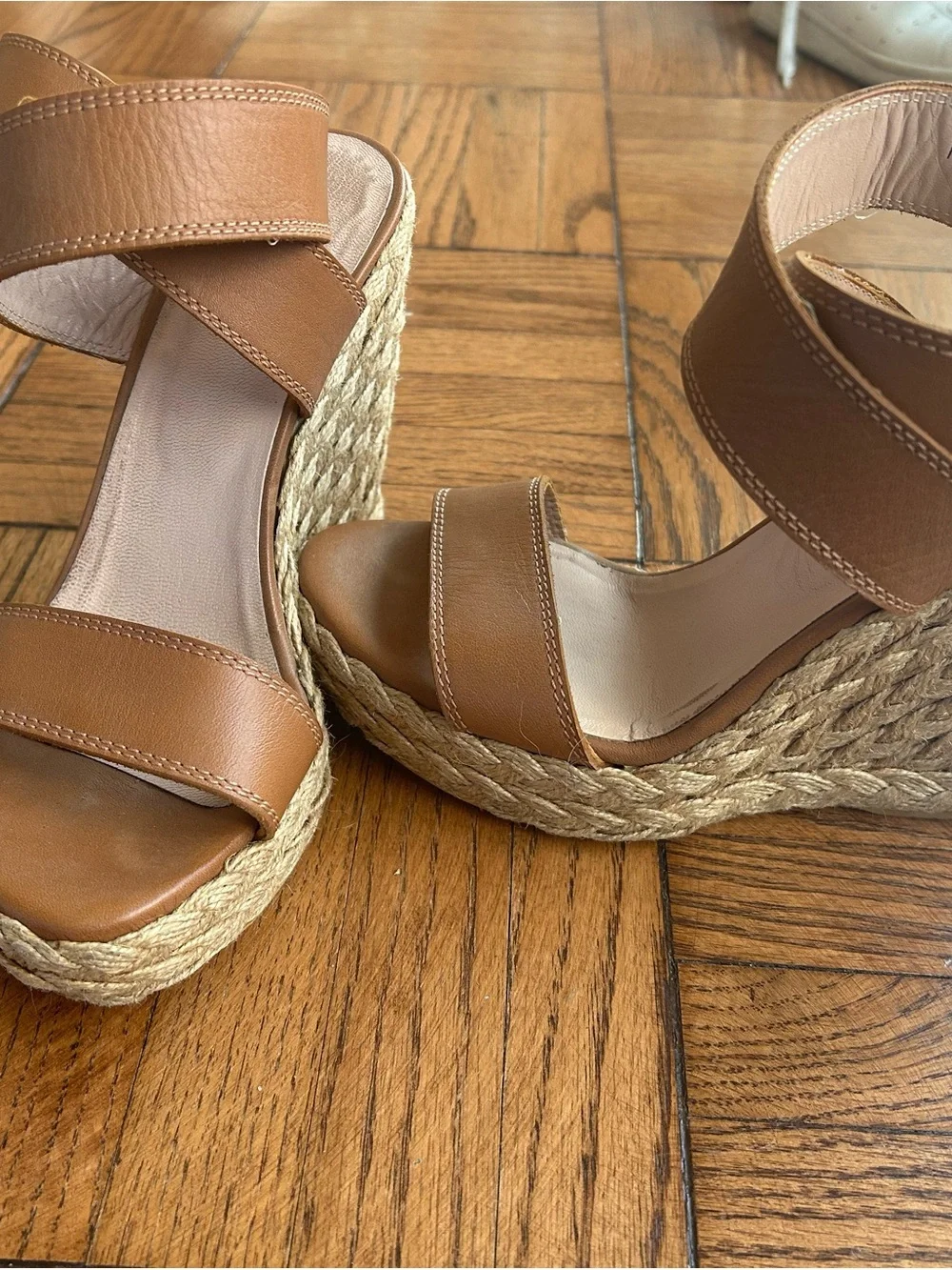 Stuart Weitzman Cognac Leather Espadrille Wedge Sandals